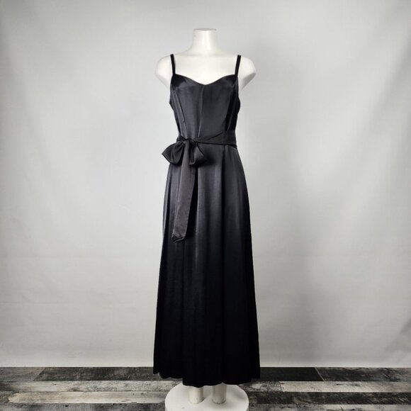 Vintage Dresses & Skirts - Vintage Black Satin Belted Maxi Slip Dress Size S/M